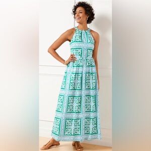 Talbots Green and White Halter Maxi Dress Medallion Tiles Size 14W Petite